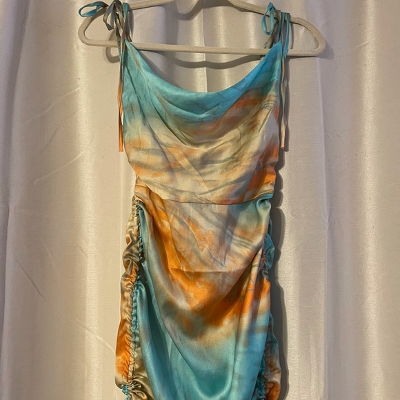 Fashion Nova teal/orange marble satin tie dress - Picture 6 of 7